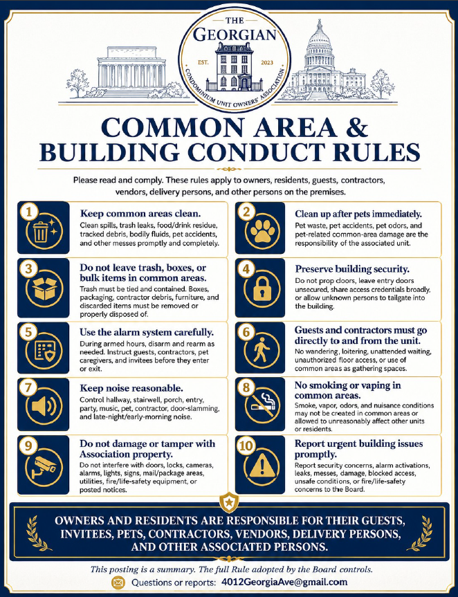 Common Area and Building Conduct Rules hallway posting listing ten Association rules